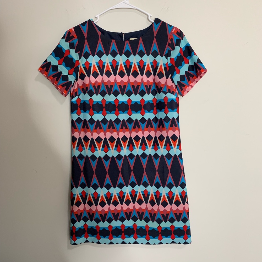 M1 J. Crew Geo Print Blue Mini Dress Sleeve Preppy Shift Cute Romantic Size 00